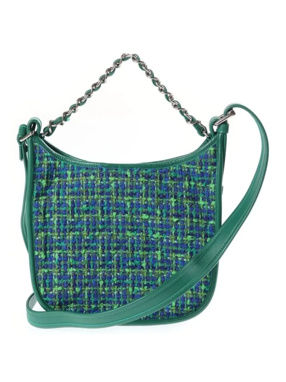 Chanel Quilted Hobo Shoulder Bag Tweed Leather Green Blue Silver